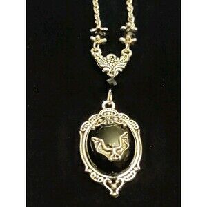Gothic Silver Tonne & Black Cabachon Necklace W/Bat 18" W/ 2" Extension